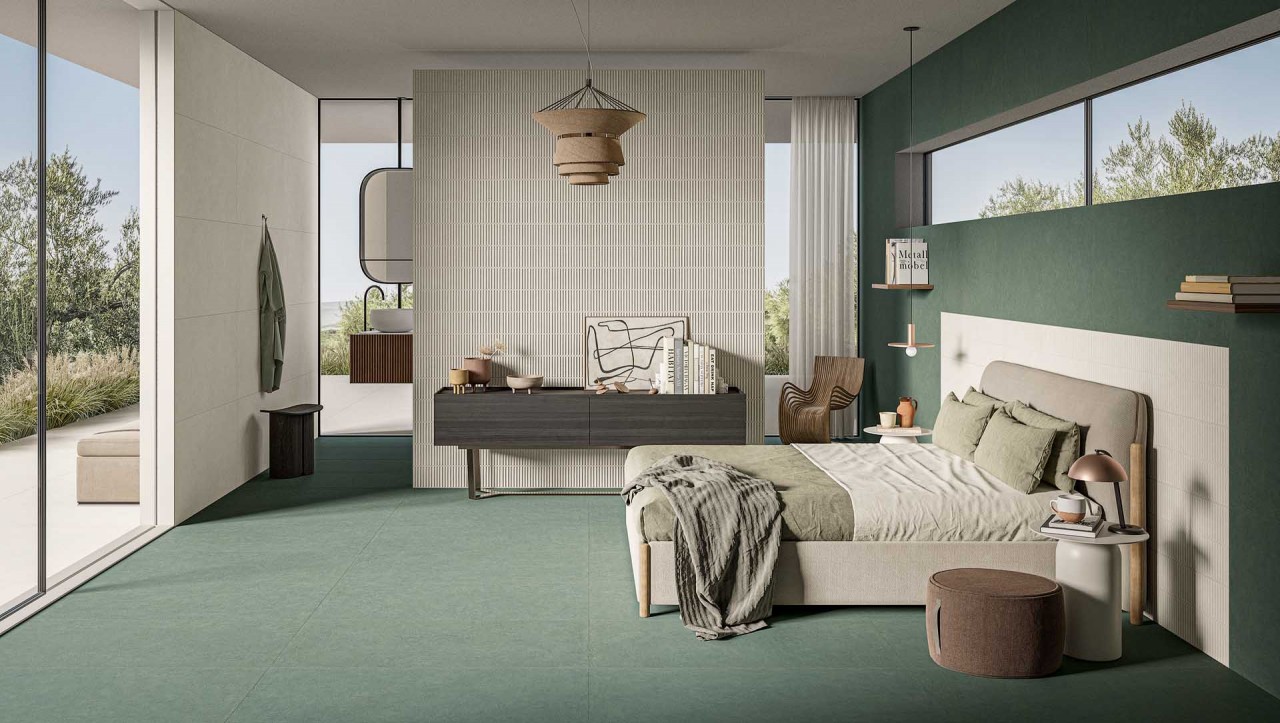 Спальня с Homey Sage и Stripes White от Piemme Ceramiche