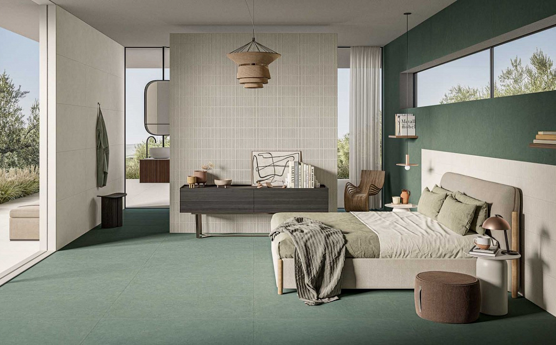 Спальня с Homey Sage и Stripes White от Piemme Ceramiche